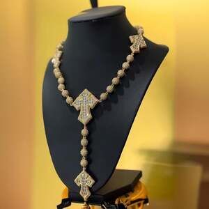 Gold Iced Cross Rosary Necklace 7970